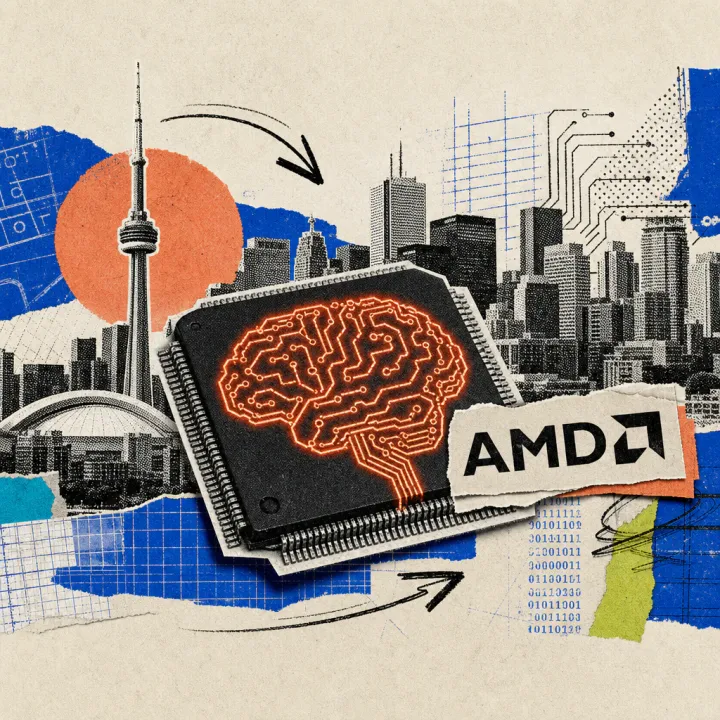 Ein Mikrochip mit eingeätztem Schaltkreis-Gehirn trägt einen AMD-Logo-Sticker, im Hintergrund die Skyline von Toronto