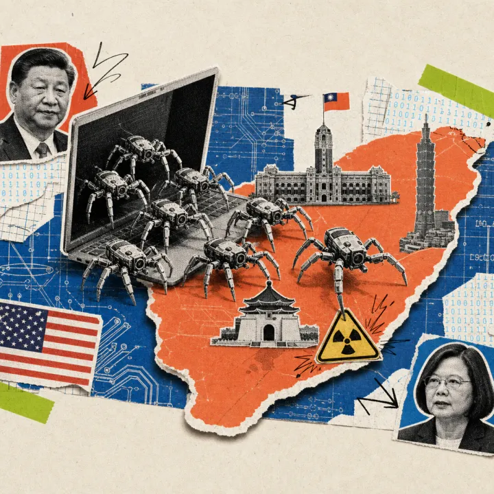 Eight mechanical spider robots crawl out of an open laptop across a map of Taiwan, one of them stabbing a leg into a nuclear power plant warning symbol