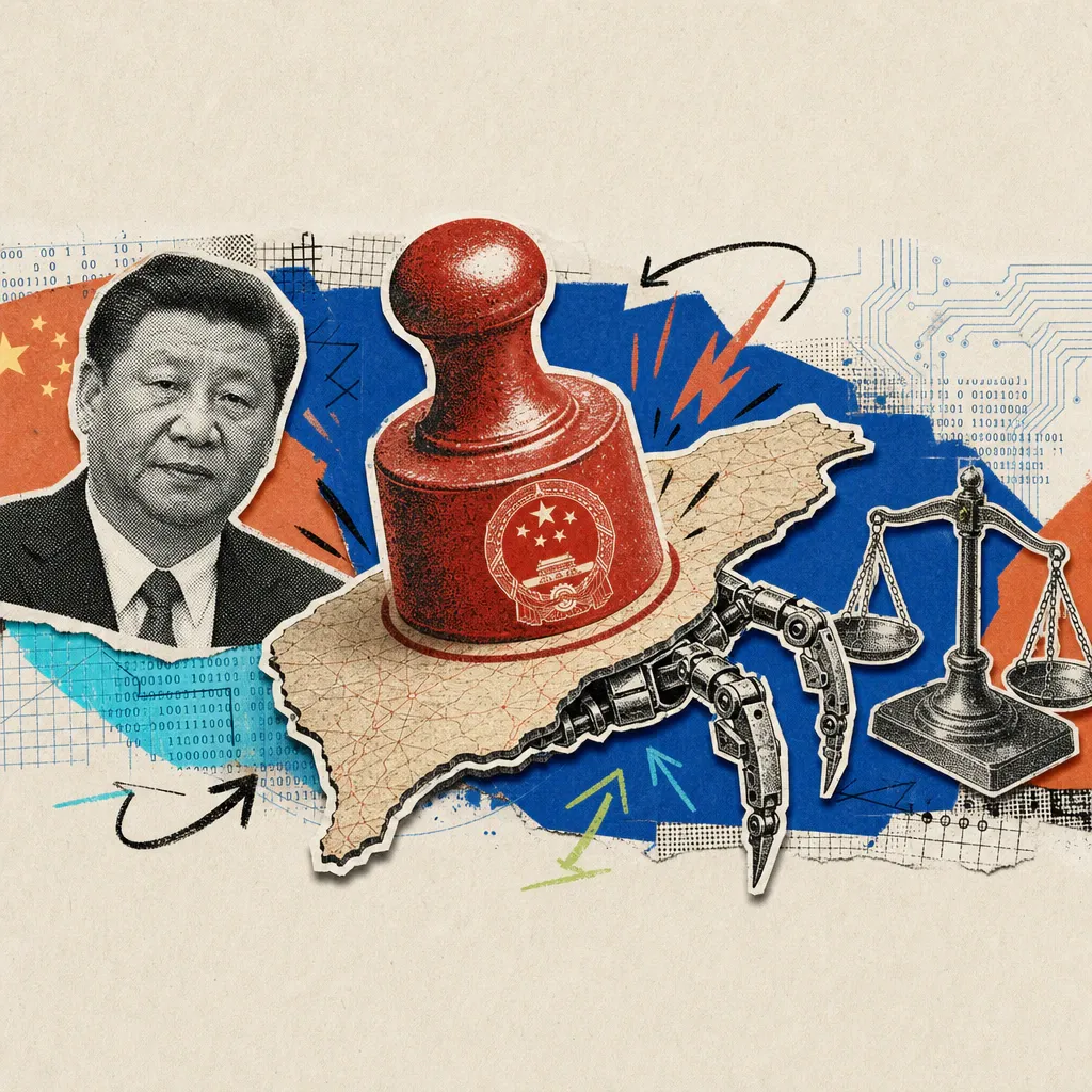 A red official stamp presses down on a map of Taiwan out of which a mechanical spider leg protrudes, next to it a small scale symbolizing justice