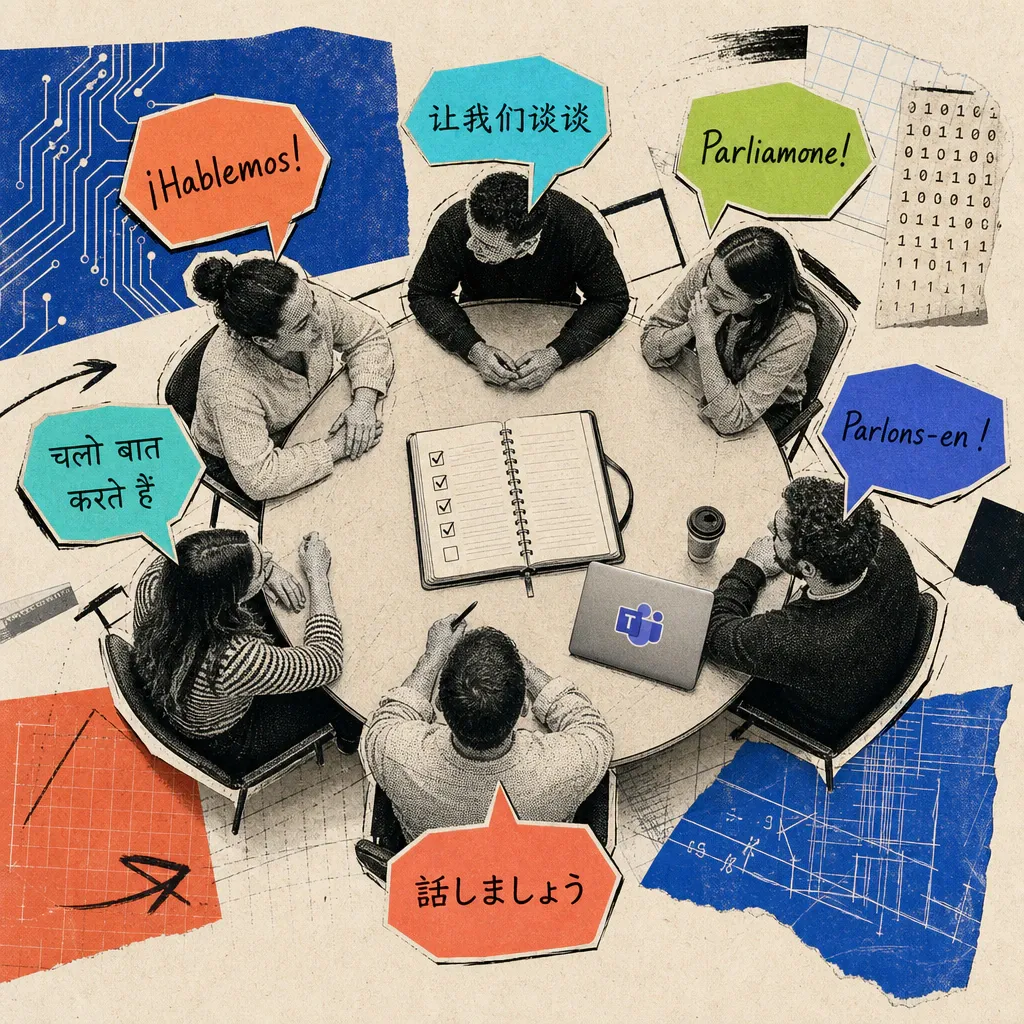 Mehrere Personen sitzen an einem runden Besprechungstisch, über ihren Köpfen schweben Sprechblasen in verschiedenen Sprachen, in der Tischmitte liegt ein aufgeschlagenes Protokoll-Notizbuch, ein Laptop trägt einen Microsoft-Teams-Aufkleber.
