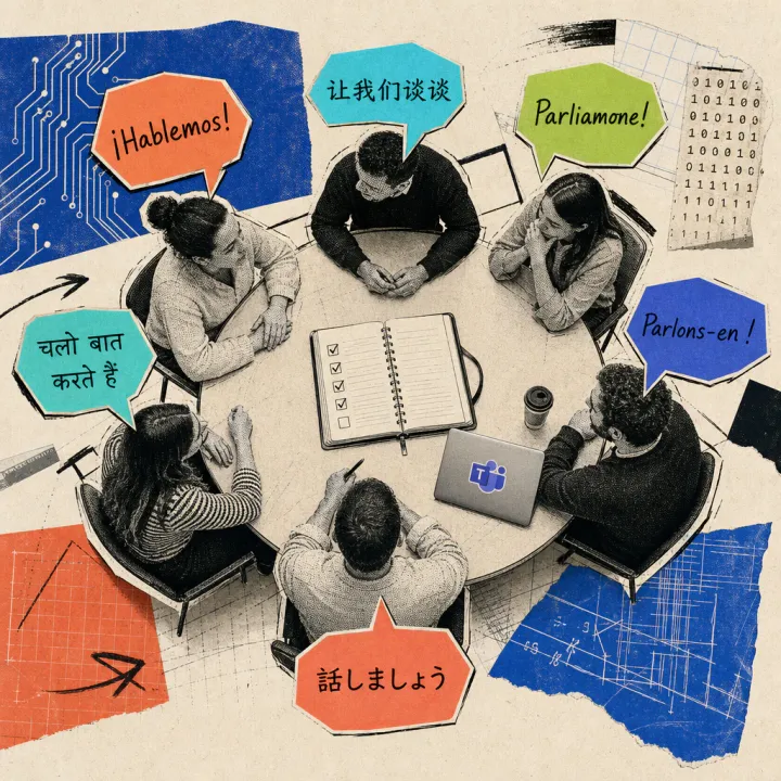 Several people are sitting at a round meeting table, speech bubbles in different languages are floating above their heads, in the center of the table lies an open minutes notebook, a laptop has a Microsoft Teams sticker.