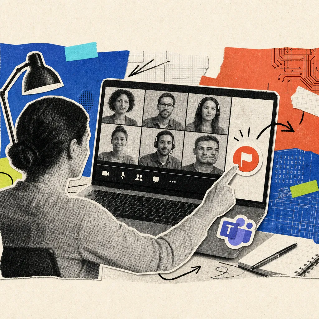 A hand presses a red report button next to a laptop screen showing a video call, where one participant tile shows a doubled, distorted face; a Microsoft Teams logo sticker is on the laptop lid.