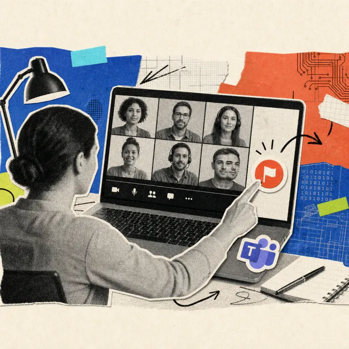 Eine Hand drückt auf einen roten Melde-Knopf neben einem Laptop-Bildschirm mit einer Videokonferenz, auf der eine Teilnehmer-Kachel ein doppeltes, verzerrtes Gesicht zeigt; auf dem Laptop klebt ein Microsoft-Teams-Logo-Sticker.
