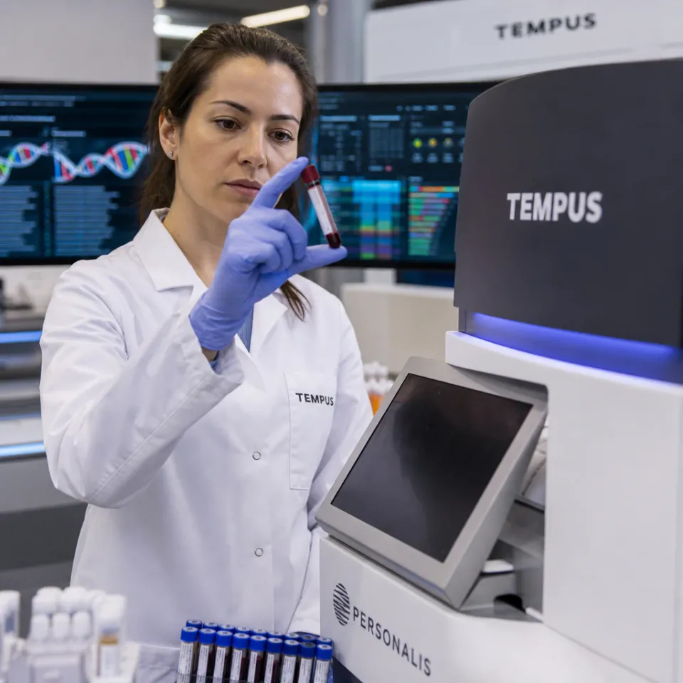 Laborangestellte analysiert eine Blutprobe im Precision-Oncology-Labor, im Hintergrund Monitore mit Genom-Daten von Tempus AI und Personalis
