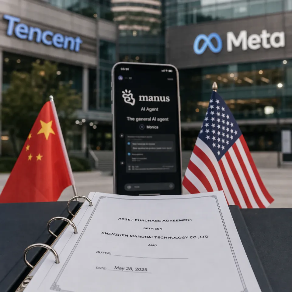Opened contract documents in front of blurred Tencent and Meta company logos, next to a smartphone with the Manus logo
