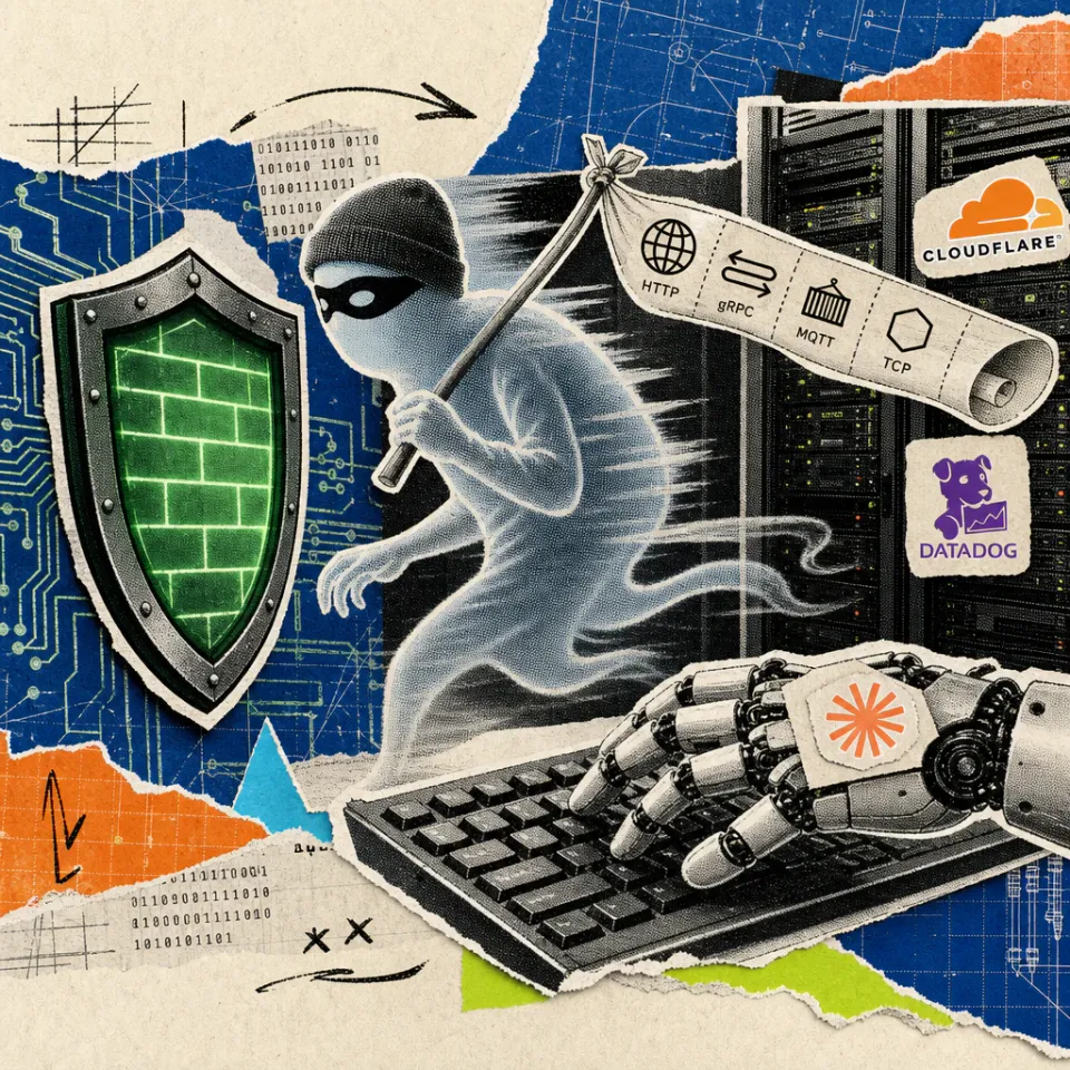 Eine durchscheinende Geistergestalt schlüpft an einem grün leuchtenden Firewall-Schild vorbei und nähert sich einer Roboterhand an einer Tastatur mit einem Claude-Logo-Sticker, im Hintergrund Serverschränke mit Cloudflare- und Datadog-Logo-Stickern
