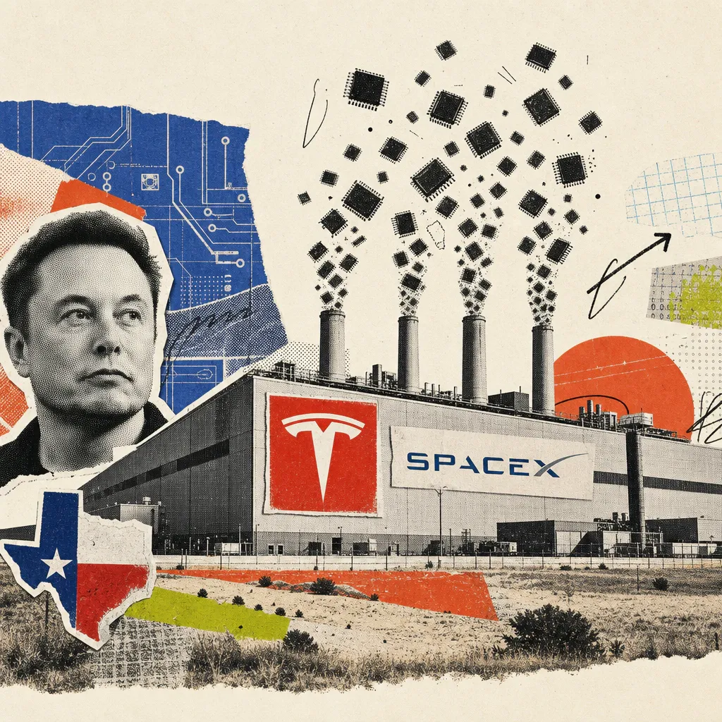 Eine riesige Fabrikhalle in der texanischen Prärie trägt die Logos von Tesla und SpaceX, aus den Schornsteinen steigen Computerchips auf statt Rauch