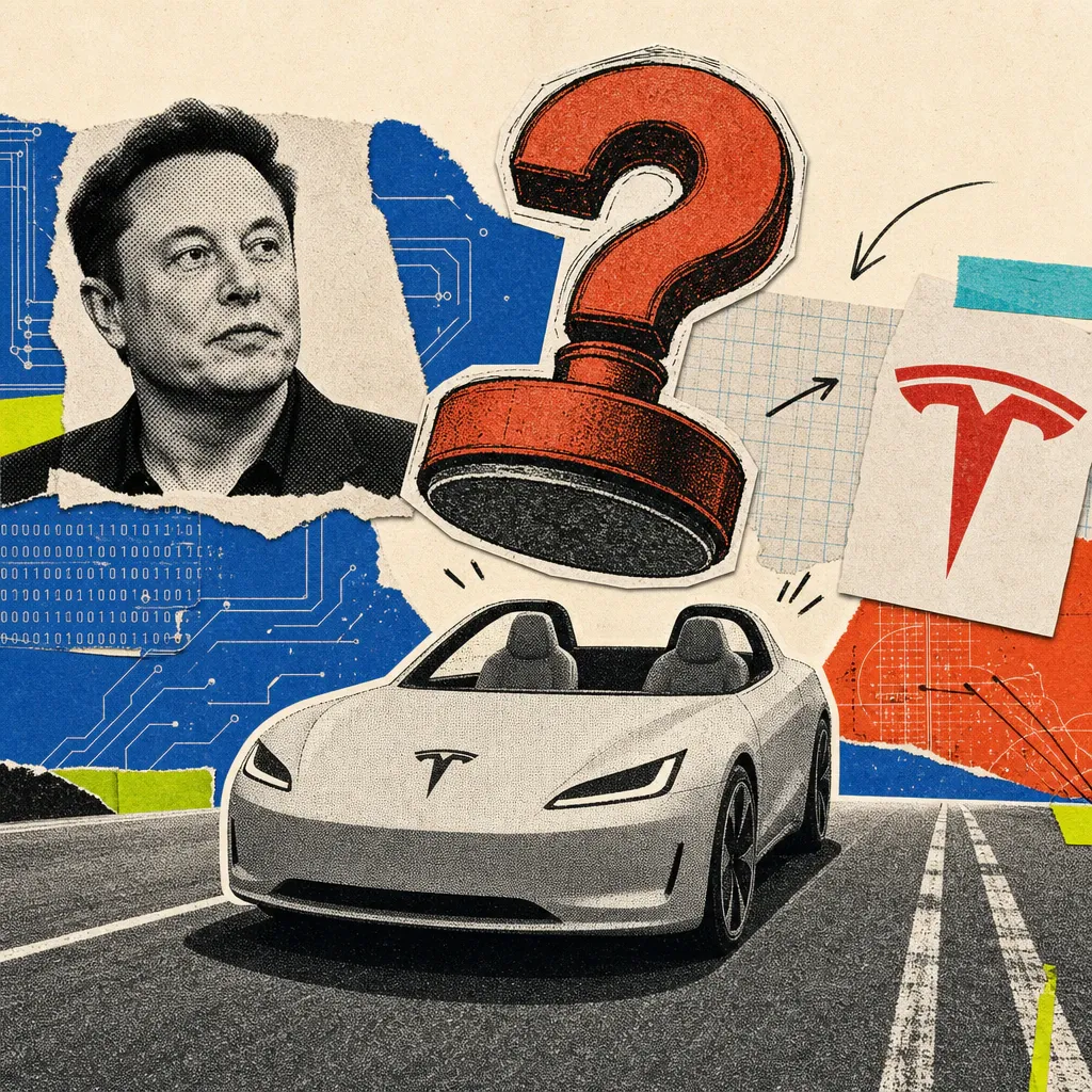 Ein zweisitziges Cybercab ohne Lenkrad mit Tesla-Logo-Sticker steht auf einer Straße unter einem schwebenden Prüfstempel in Fragezeichen-Form.