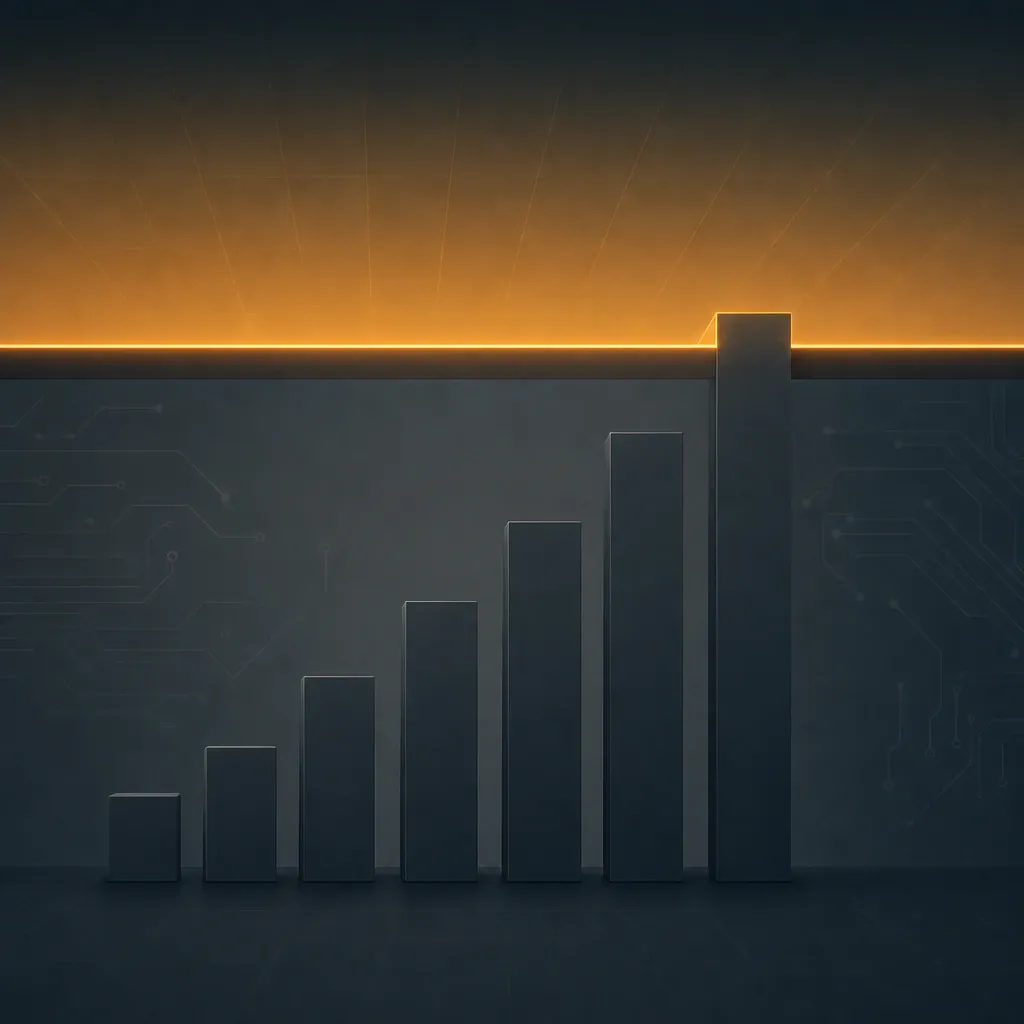 Abstract geometric illustration: an ascending bar chart abruptly capped by a glowing barrier, symbolizing a spending cap amid rapidly rising AI costs