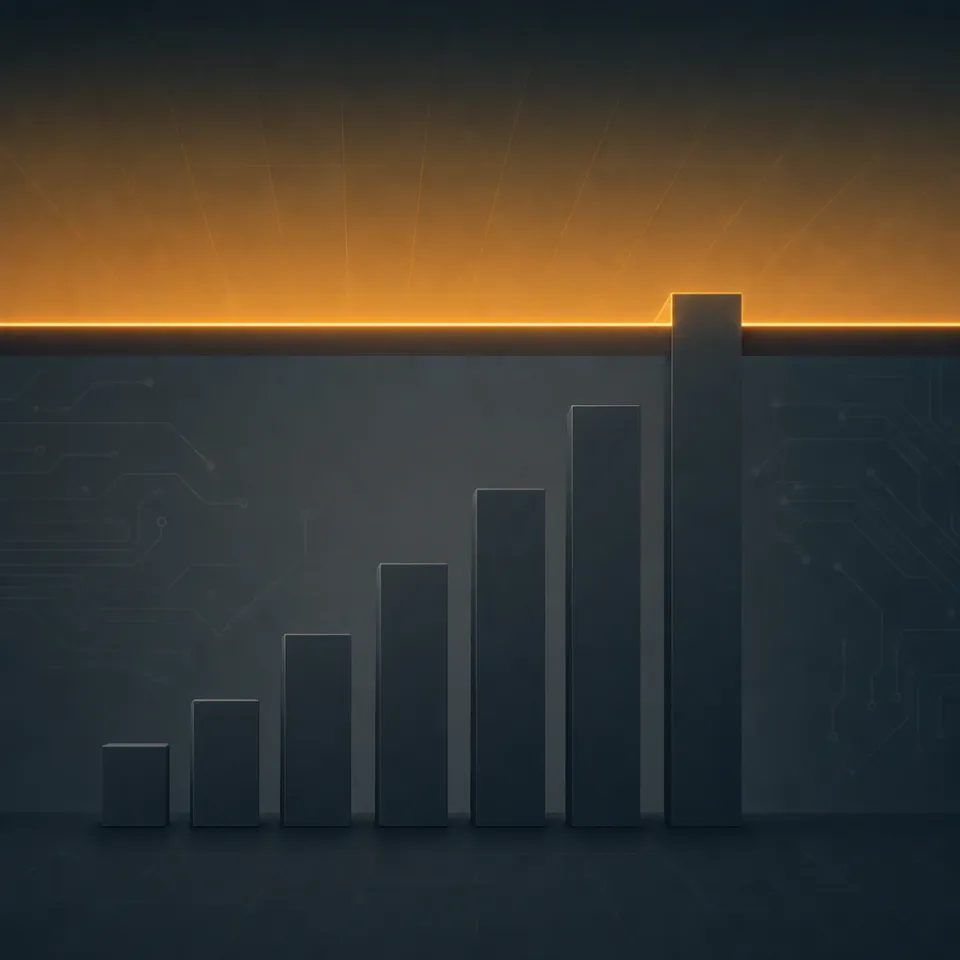 Abstract geometric illustration: an ascending bar chart abruptly capped by a glowing barrier, symbolizing a spending cap amid rapidly rising AI costs