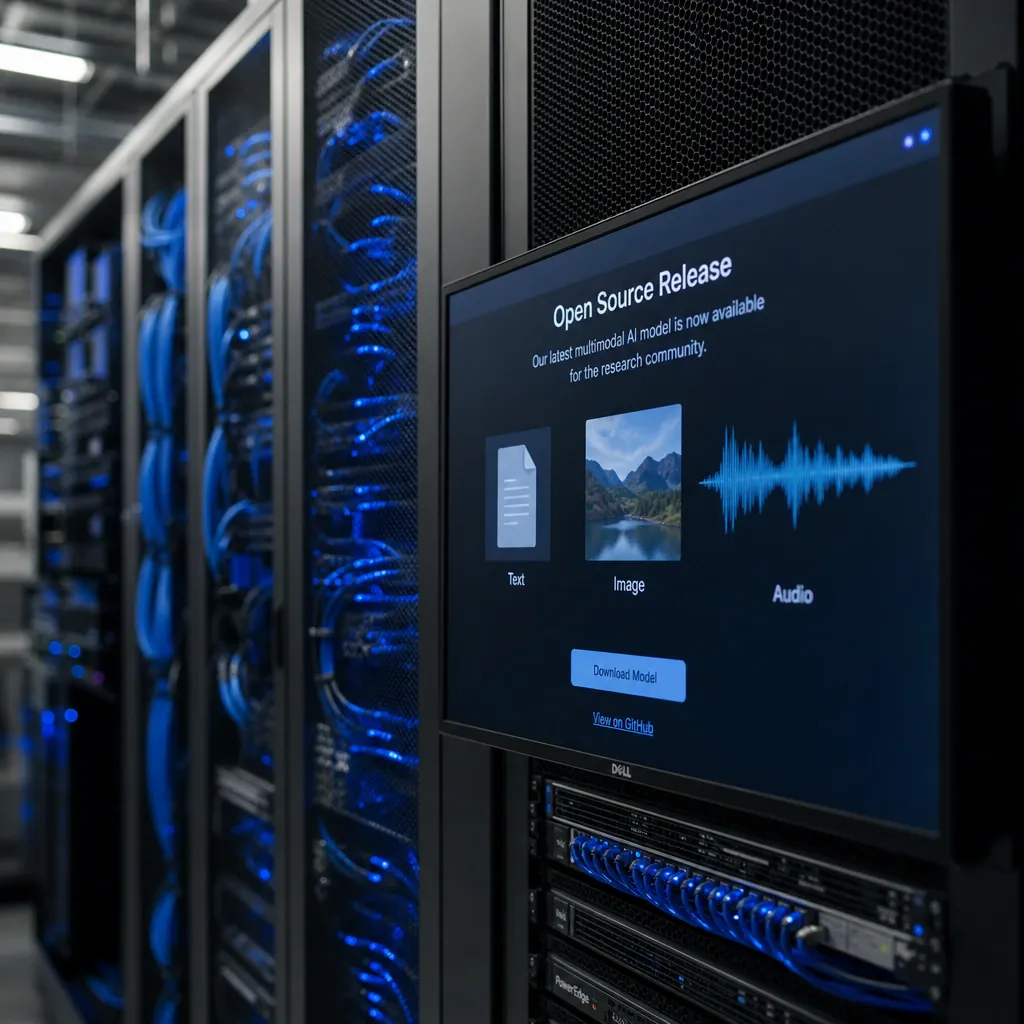 Server room with illuminated blue network cables and a monitor displaying symbols for text, image, and sound – a symbol for the new open AI model Inkling from Thinking Machines Lab.