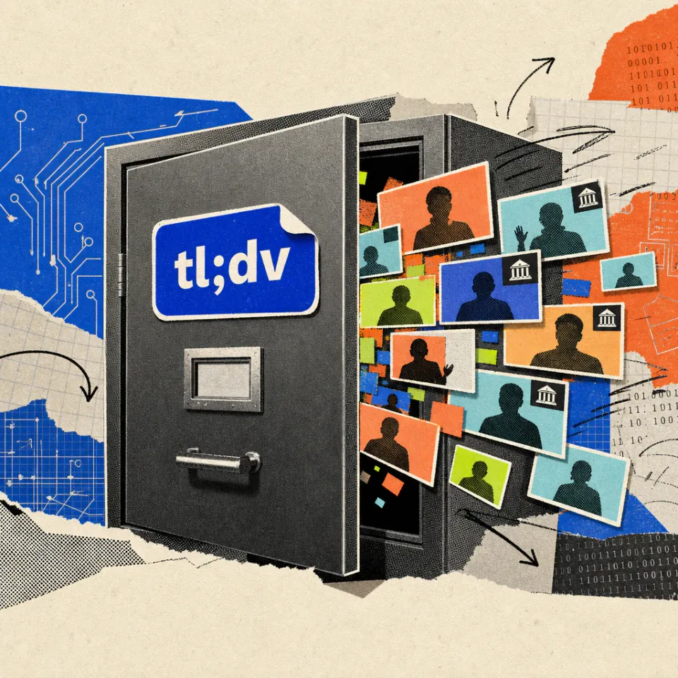 Ein tl;dv-Logo-Sticker klebt auf einer digitalen Aktenschrank-Tür, die einen Spalt weit offensteht, durch den bunte Videokonferenz-Kacheln mit Personen-Silhouetten nach draußen strömen