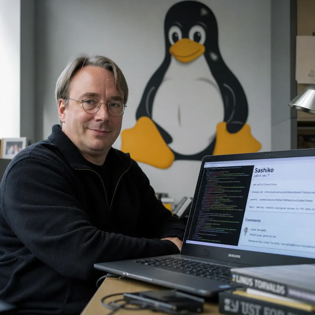 Linus Torvalds an einem Laptop vor dem Linux-Tux-Logo, auf dem Bildschirm ist die KI-Code-Review-Oberfläche Sashiko zu sehen