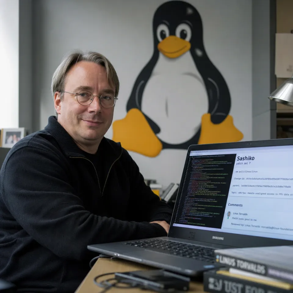 Linus Torvalds an einem Laptop vor dem Linux-Tux-Logo, auf dem Bildschirm ist die KI-Code-Review-Oberfläche Sashiko zu sehen