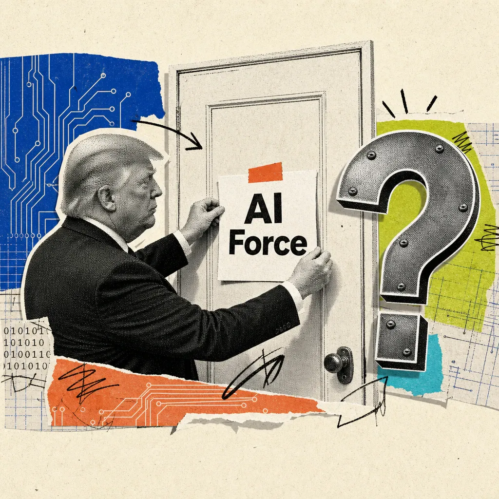 Donald Trump pins a sign reading "AI Force" onto an otherwise empty office door, next to a large metal question mark hovering in the air