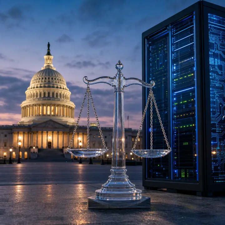 Das US-Kapitol in Washington bei Dämmerung, im Vordergrund eine Waage neben einem beleuchteten Serverschrank als Symbol für die geplante KI-Aufsichtsbehörde