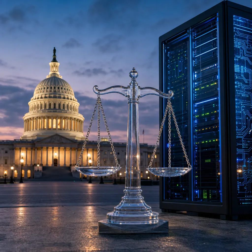 Das US-Kapitol in Washington bei Dämmerung, im Vordergrund eine Waage neben einem beleuchteten Serverschrank als Symbol für die geplante KI-Aufsichtsbehörde