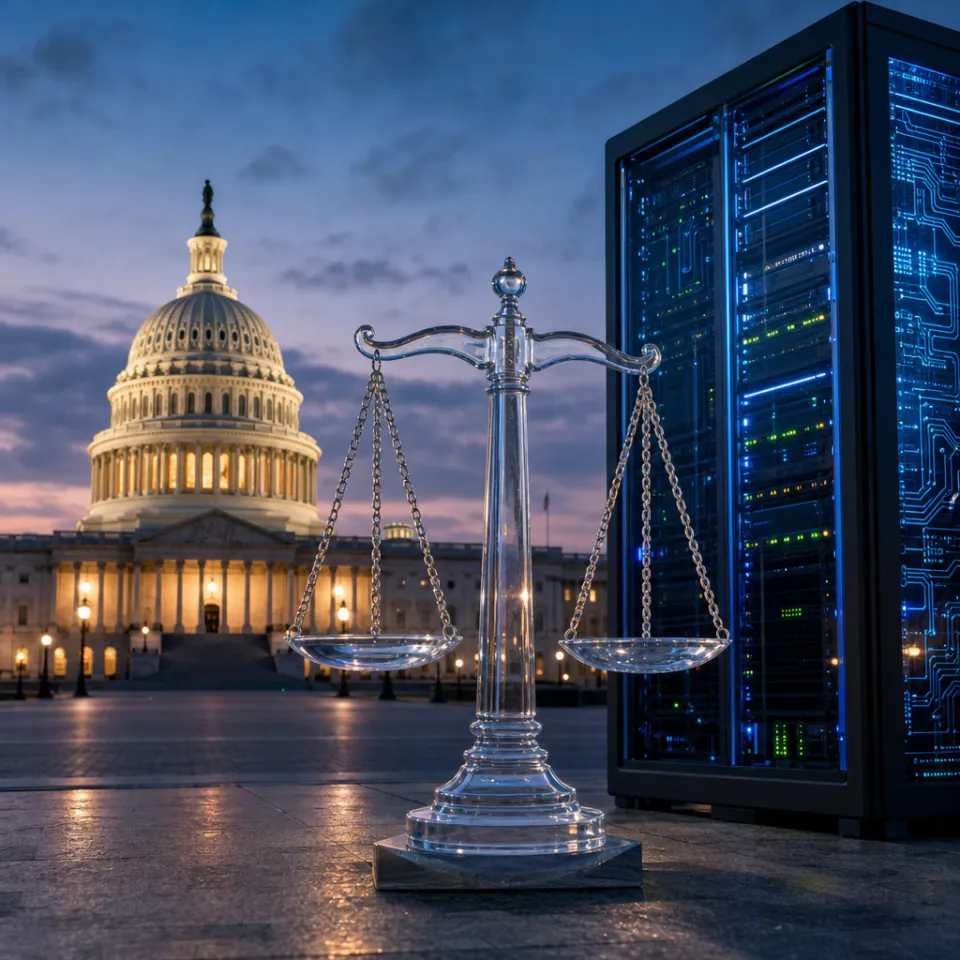 Das US-Kapitol in Washington bei Dämmerung, im Vordergrund eine Waage neben einem beleuchteten Serverschrank als Symbol für die geplante KI-Aufsichtsbehörde