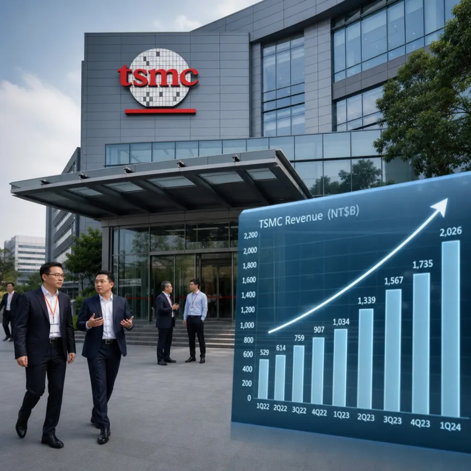 TSMC headquarters with logo, a rising revenue bar chart in the foreground and businesspeople at the entrance.