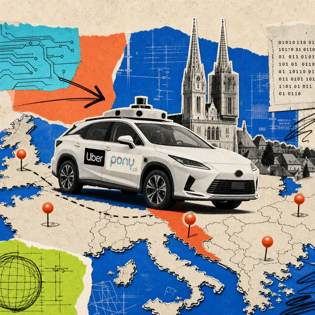 Ein fahrerloses Auto mit Uber- und Pony.ai-Logo rollt über eine Europakarte mit markierten Städten, im Hintergrund die Kathedrale von Zagreb.