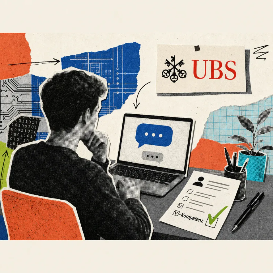 A candidate sits in front of a laptop with a chat speech bubble on the screen, next to it lies an application form with a checkmark next to 'AI skills', in the background a UBS logo sticker hangs on the wall.