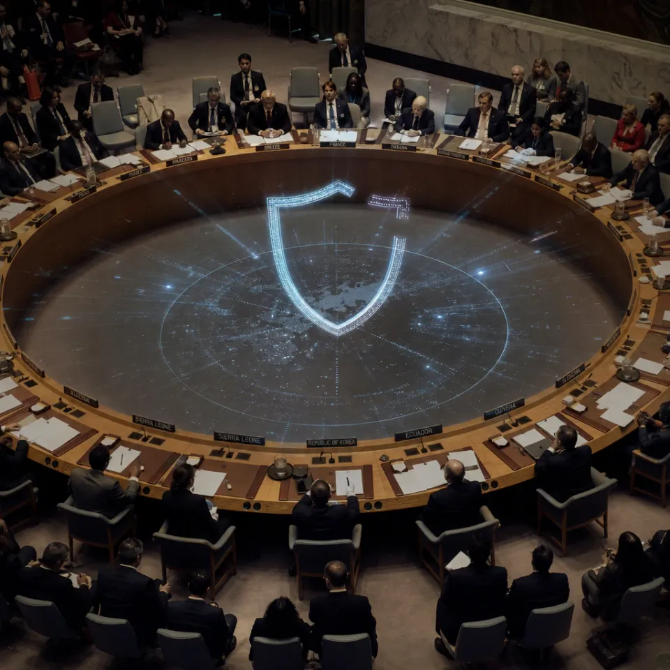 Abstract geometric illustration of a round conference table with world map fragments and a floating, incomplete shield symbol above