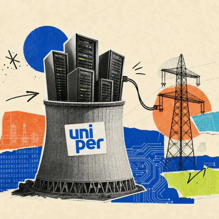 Ein Kühlturm mit Uniper-Logo-Sticker, aus dessen Öffnung Serverschränke statt Dampf aufsteigen, daneben ein Strommast mit direkter Kabelverbindung zu den Servern