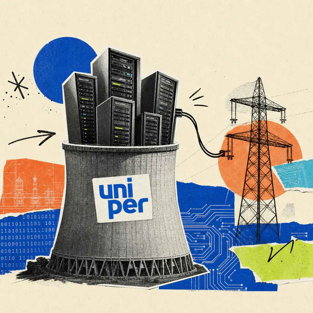 A cooling tower with a Uniper logo sticker releases server racks instead of steam from its opening, next to it a power pylon with a direct cable connection to the servers