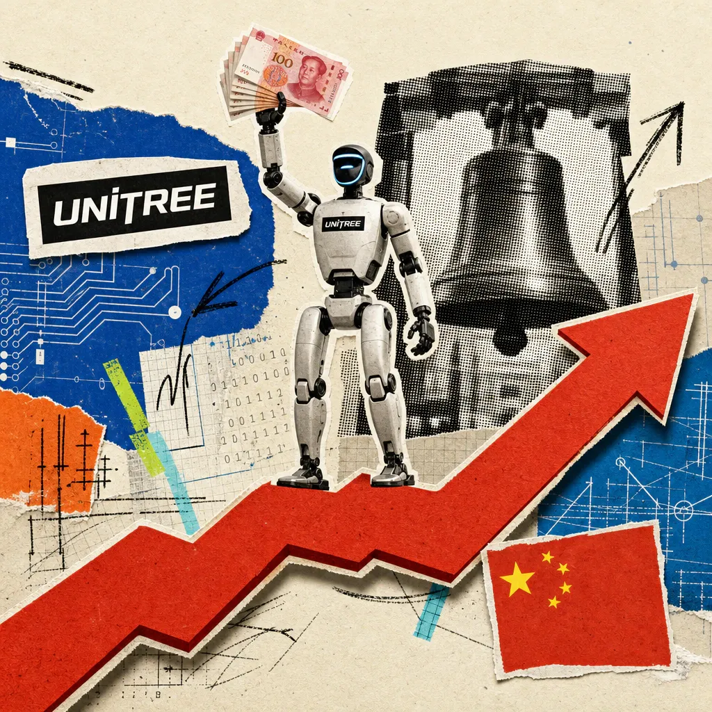 A humanoid robot with a Unitree logo stands on a steeply rising red stock-chart arrow, holding a bundle of Yuan banknotes, with a stylized stock exchange bell in the background.
