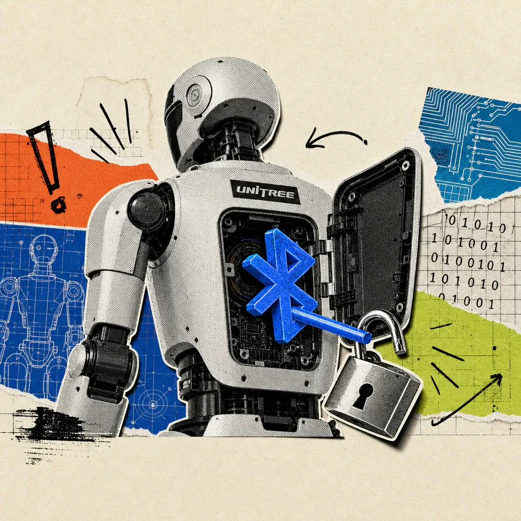 Ein humanoider Unitree-G1-Roboter mit Logo-Aufkleber auf der Brust und weit geöffneter Rückenklappe, aus der ein leuchtender blauer Bluetooth-Symbol-Schlüssel in ein offenes, aufgebrochenes Vorhängeschloss gesteckt wird.