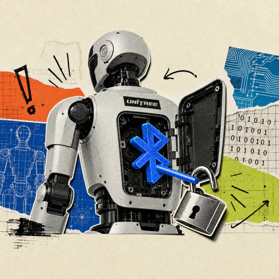 Ein humanoider Unitree-G1-Roboter mit Logo-Aufkleber auf der Brust und weit geöffneter Rückenklappe, aus der ein leuchtender blauer Bluetooth-Symbol-Schlüssel in ein offenes, aufgebrochenes Vorhängeschloss gesteckt wird.