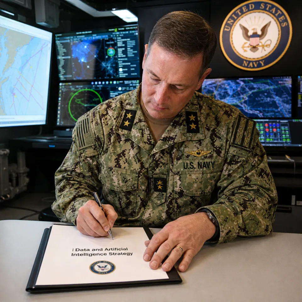 Ein Offizier der US-Marine unterzeichnet die neue Data- und KI-Strategie an Bord eines Kriegsschiffs, im Hintergrund Radarbildschirme mit Lagedaten.