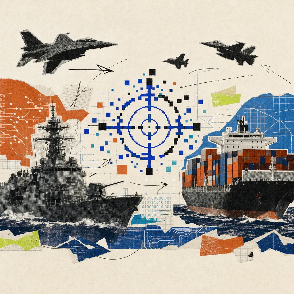 A digital crosshair made of shattered pixels hovers between a warship and a cargo ship on the open sea, while fighter jets circle overhead