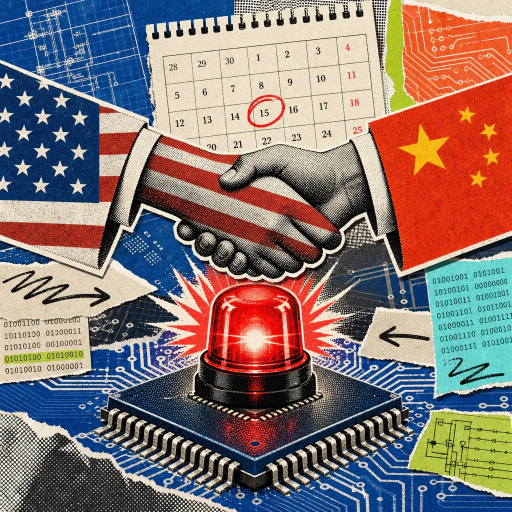 A US-American hand and a Chinese hand shake over a flashing red alarm light on top of a computer chip, with a calendar page showing a circled date in the background.