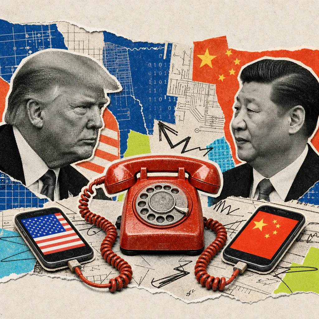 A red emergency phone with a coiled cord connects two smartphones with the flags of the USA and China, in the background the portraits of Donald Trump and Xi Jinping.