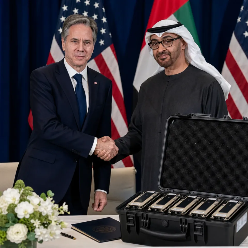 Handshake in front of US and UAE flags, a case with AI accelerator chips on the table.