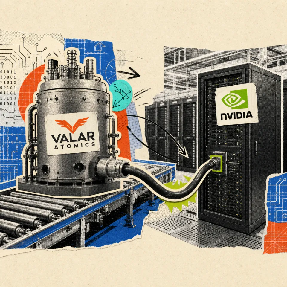 Ein heliumgekühlter Mini-Atomreaktor mit aufgeklebtem Valar-Atomics-Logo speist über ein Stromkabel ein Rechenzentrum mit Nvidia-Servern.