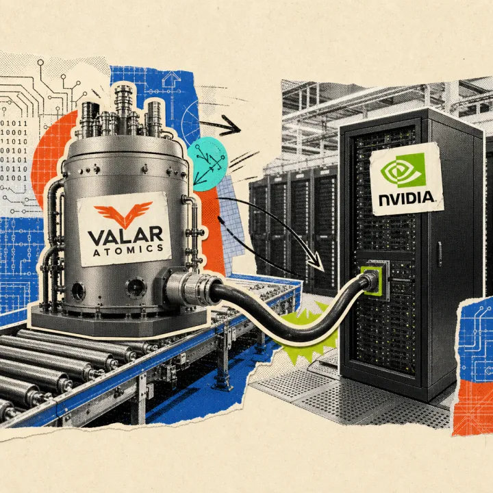 Ein heliumgekühlter Mini-Atomreaktor mit aufgeklebtem Valar-Atomics-Logo speist über ein Stromkabel ein Rechenzentrum mit Nvidia-Servern.