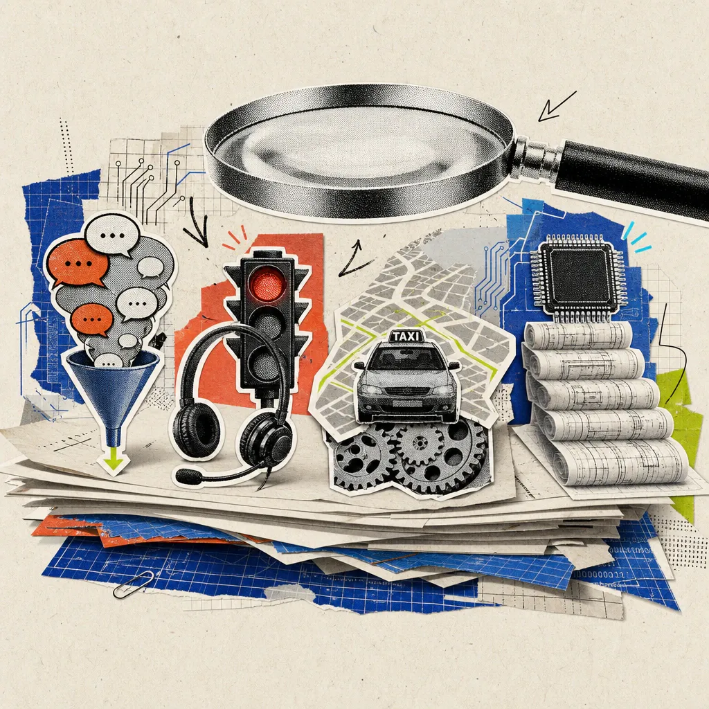 A magnifying glass hovers over a stack of academic papers, from which four symbols protrude: a shrinking funnel made of speech bubbles, a customer-service headset in front of a red traffic light, a taxi on a street grid with visible gears underneath, and a microchip on a staircase of rolled-up blueprints