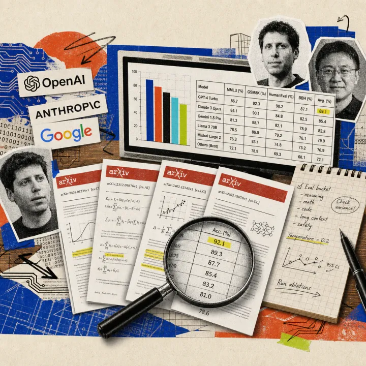 Four printed arXiv preprints fanned out on a desk, a magnifying glass enlarging highlighted measurement values, with a monitor showing a benchmark bar chart and model comparison table behind them