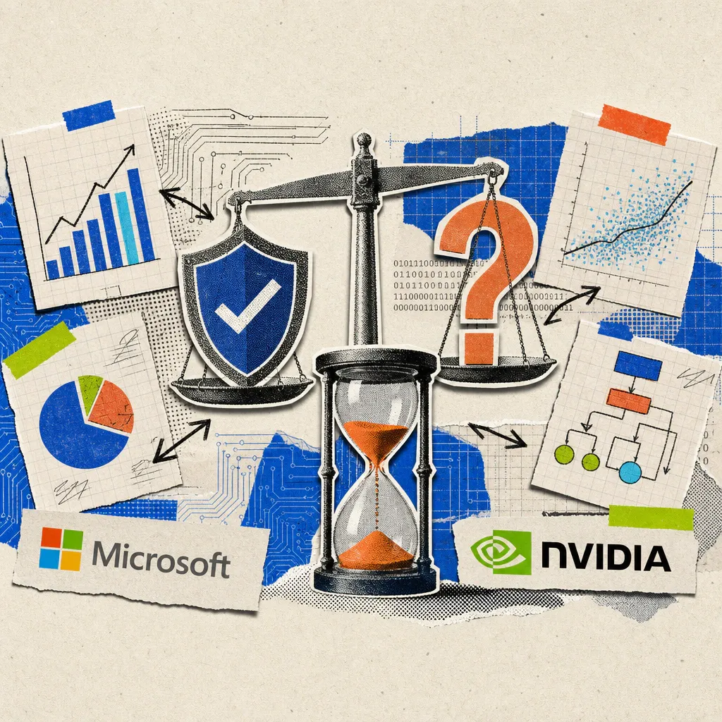A scale balances a shield against a large question mark, in front of it lies a half-run sand timer, surrounded by four fanned-out sheets of paper with diagrams and arrows