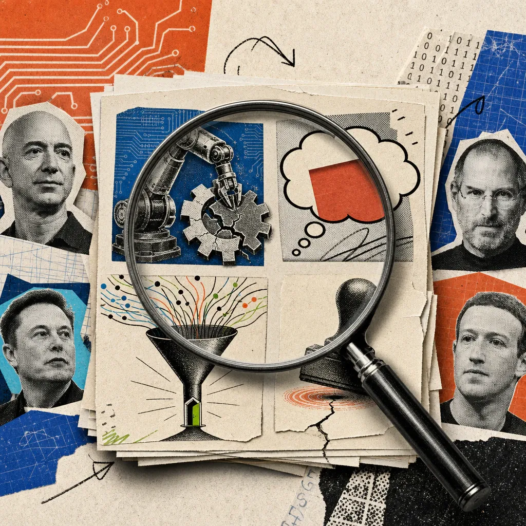 A magnifying glass hovers over a stack of academic papers with four cutouts: a robotic arm repairing a shattered gear, a thought bubble with a partially obscured red note, a funnel with many paths converging to a single door, and a stamp of approval being pressed over an unnoticed tear in the paper.