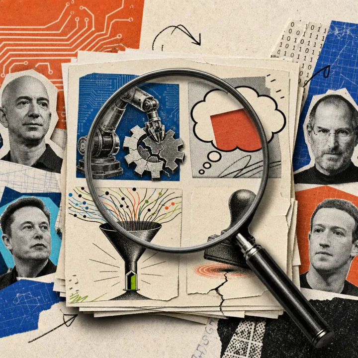 A magnifying glass hovers over a stack of academic papers with four cutouts: a robotic arm repairing a shattered gear, a thought bubble with a partially obscured red note, a funnel with many paths converging to a single door, and a stamp of approval being pressed over an unnoticed tear in the paper.