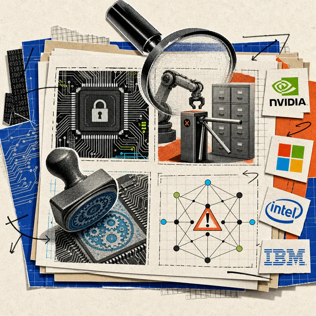A magnifying glass hovers over a stack of technical papers with four cutouts: a microchip with a hidden lock symbol inside, a robotic arm being stopped by a turnstile gate in front of a filing cabinet, a stamp with a watermark pattern imprinting into the gears of a chip, and a geometric diagram of connected points with a warning sign at a symmetrical location.