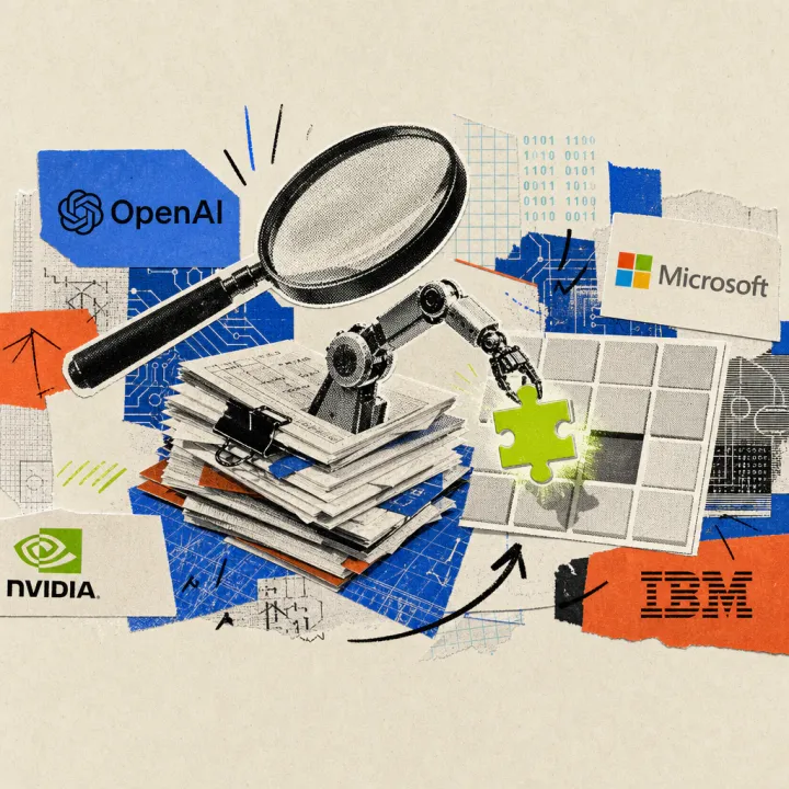 A magnifying glass hovers over a stack of academic papers, from which a robotic arm places a glowing puzzle piece into a flawless grid of squares.