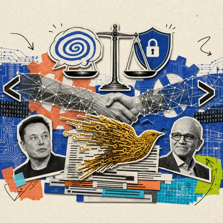 A balance scale weighs a thought bubble with a spiral pattern against a shield, below it a bird made of golden key shapes races over lines of text, in the background two hands made of network lines shake in front of gears