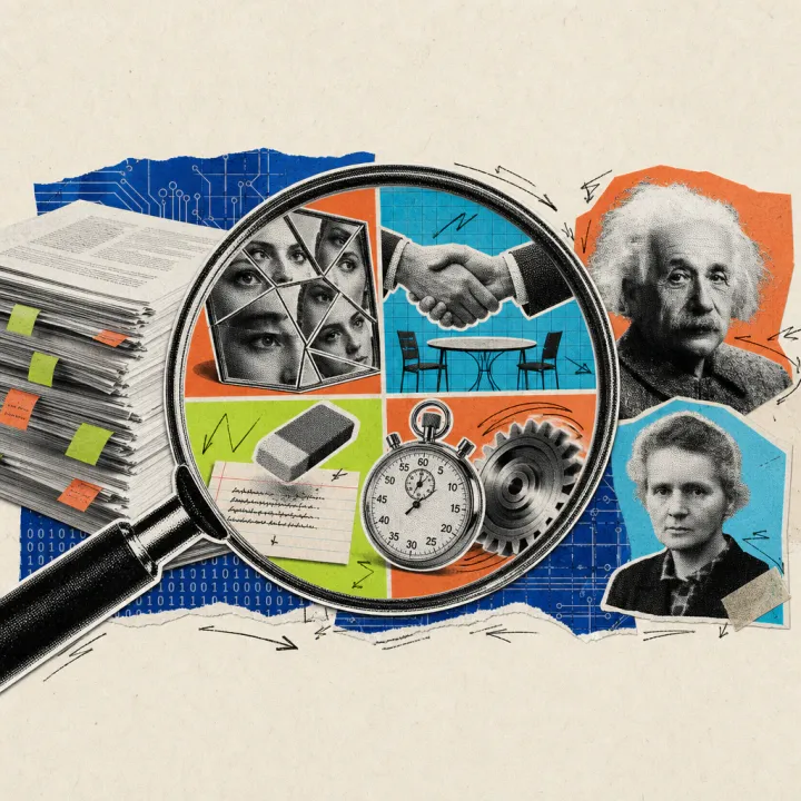 A magnifying glass enlarges four details from a stack of scientific papers: a mirror with contradictory reflections, two hands shaking over a negotiation table, an eraser over a stubborn index card, and a stopwatch next to a rotating gear.