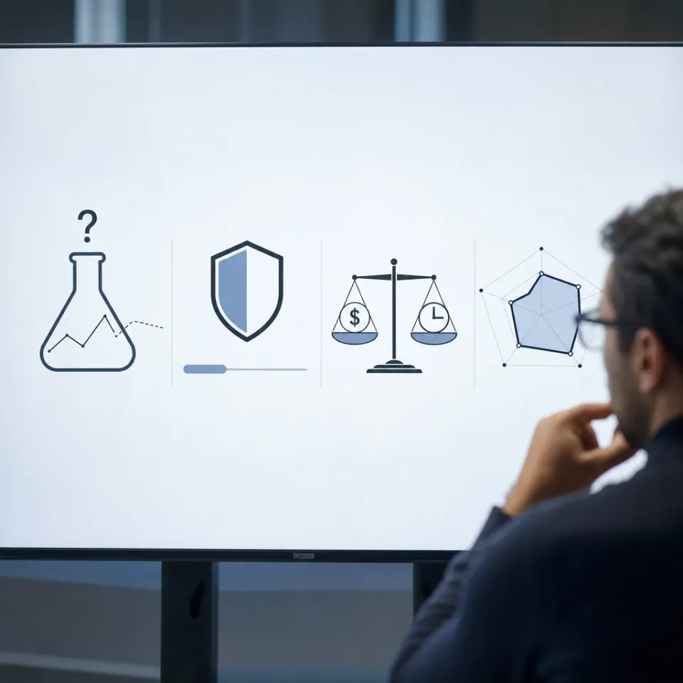 Vier abstrakte geometrische Symbole für KI-Forschung: ein Laborkolben mit Fragezeichen über einer unvollendeten Diagrammlinie, ein Schild vor einer hervorgehobenen ersten Textzeile, eine Waage zwischen Münze und Uhr, und ein Radar-Diagramm mit verschobener Kontur.