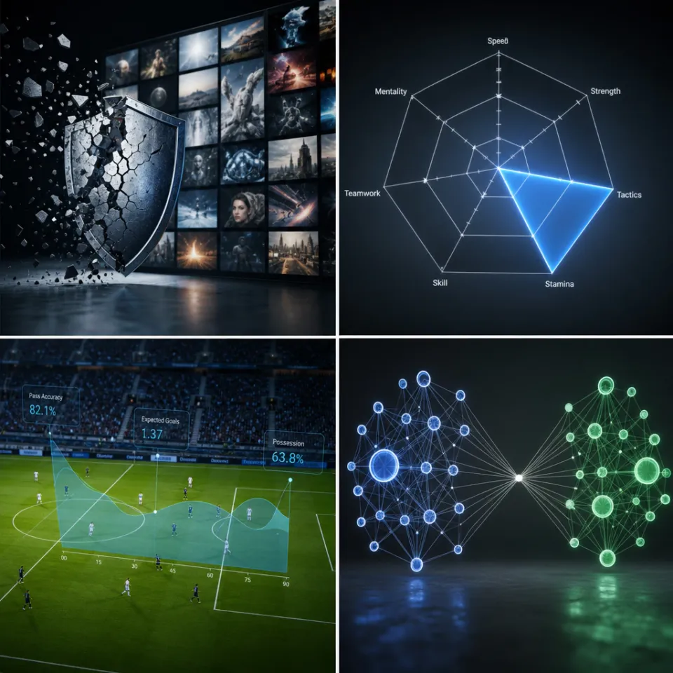 Vier abstrakte Forschungssymbole nebeneinander: ein aufbrechendes Schild vor einem Bildgenerator-Raster, ein Radar-Diagramm mit sieben leuchtenden Achsen, ein Fußballfeld überlagert von einem Vorhersage-Graphen und zwei neuronale Netzwerke unterschiedlicher Größe, die ineinander verschmelzen