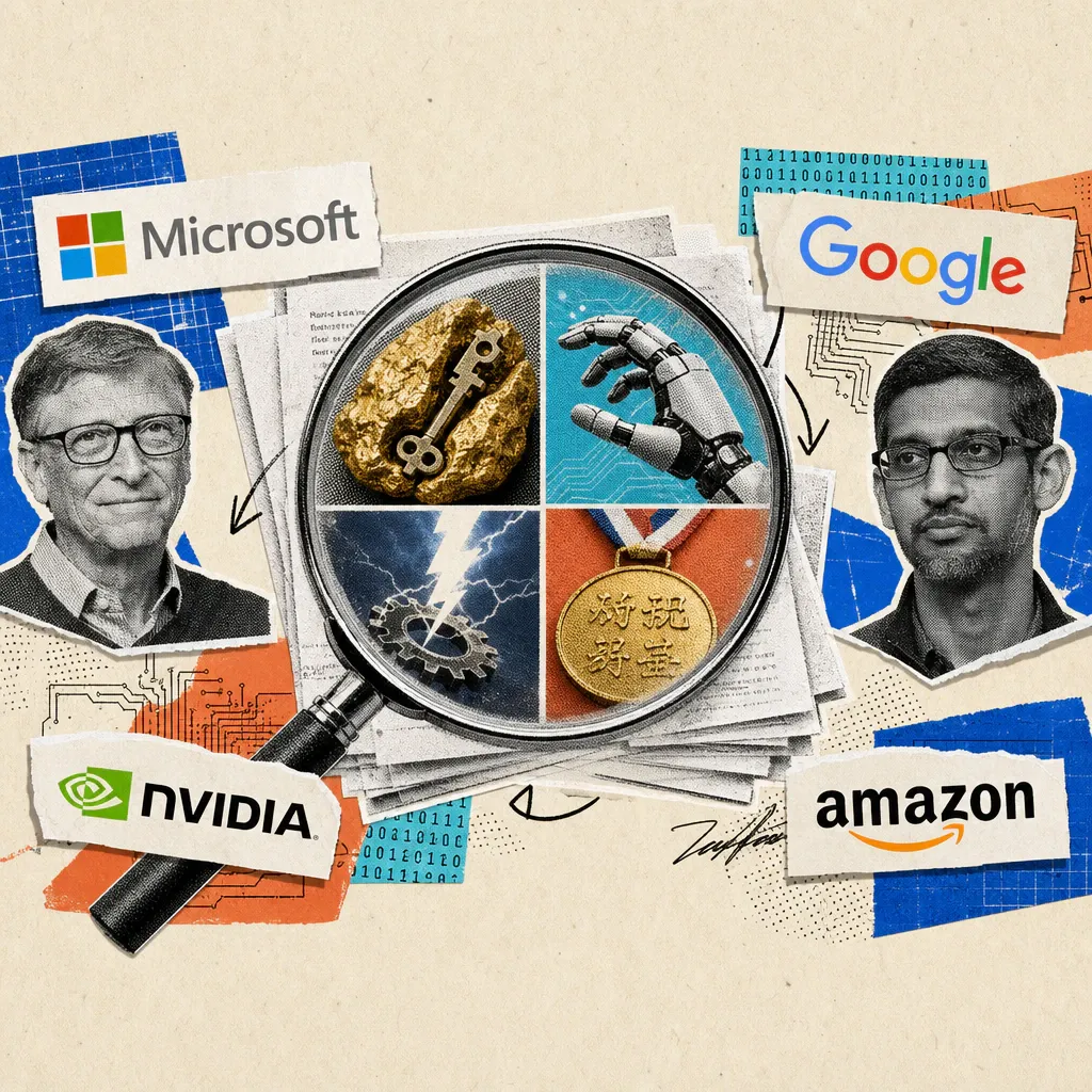 A magnifying glass enlarges four details from a stack of scientific papers: a gold-glimmering lump with a broken key inside, a probing robotic hand without a guiding line, a lightning bolt over a gear, and a gold medal with foreign characters.
